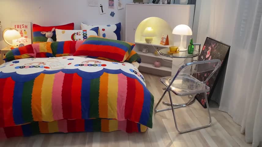 91家纺网 家纺一手货源 找家纺 金爱家 2021新款跑量款牛奶绒四件套 彩虹兔