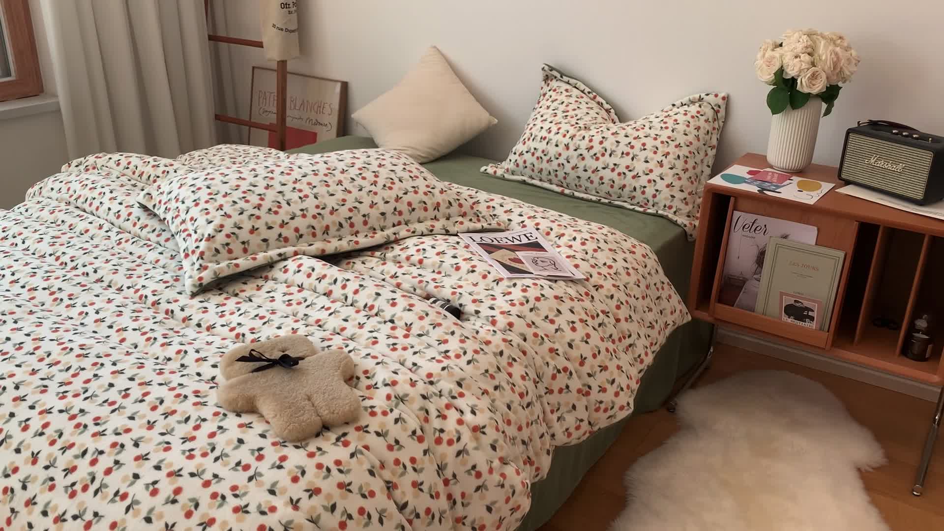 91家纺网 家纺一手货源 找家纺 时年家纺 2021新款牛奶绒印花系列四件套 枇杷