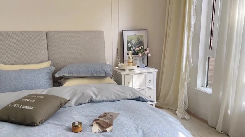 91家纺网 家纺一手货源 找家纺 时年 2021新款全棉生态磨毛飞边款系列四件套 伊索-蓝