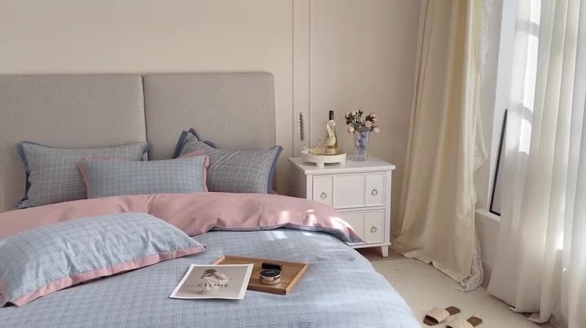 91家纺网 家纺一手货源 找家纺 时年 2021新款全棉生态磨毛飞边款系列四件套 格纹-粉