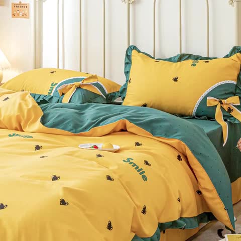 91家纺网 家纺一手货源 找家纺 靓生活 2021新款韩版磨毛四件套 心乐-柠檬黄