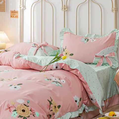 91家纺网 家纺一手货源 找家纺 靓生活 2021新款韩版磨毛四件套 庭院花径-公主粉