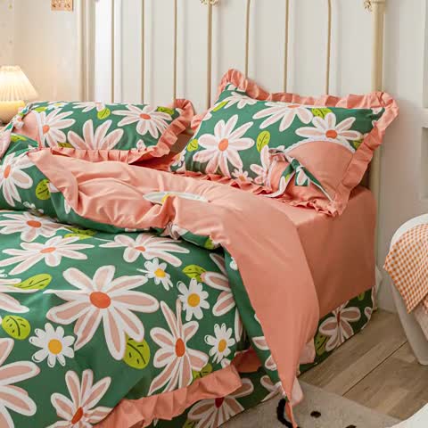 91家纺网 家纺一手货源 找家纺 靓生活 2021新款韩版磨毛四件套 花影芳菲-森林绿