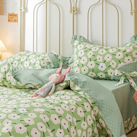 91家纺网 家纺一手货源 找家纺 靓生活 2021新款韩版磨毛四件套 花海畅洋-清新绿