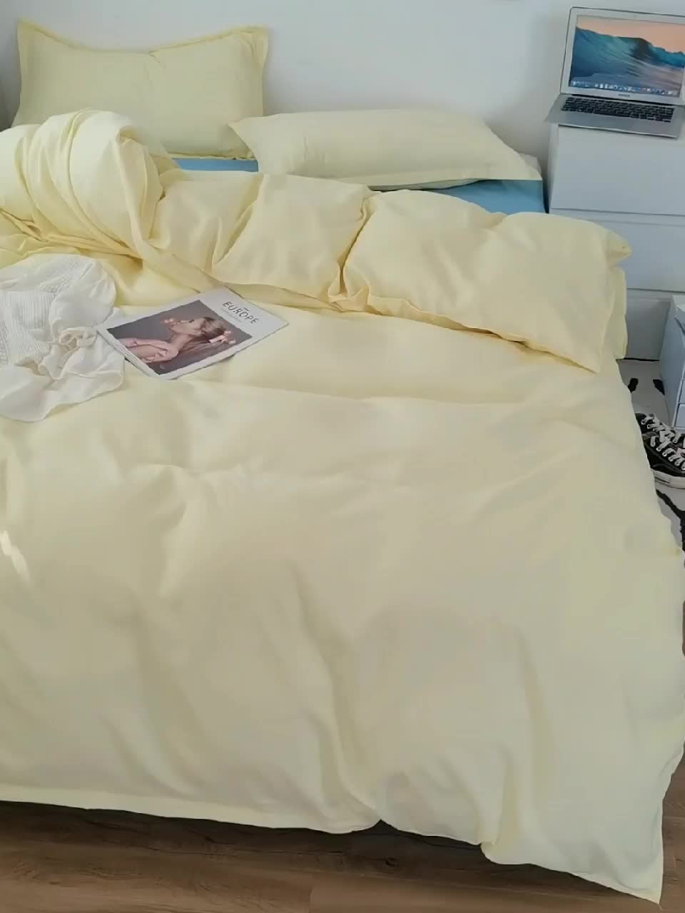 91家纺网 家纺一手货源 找家纺 贝拉梦家纺 2021新款云朵棉亲肤纯色+双拼四件套 芝士蓝