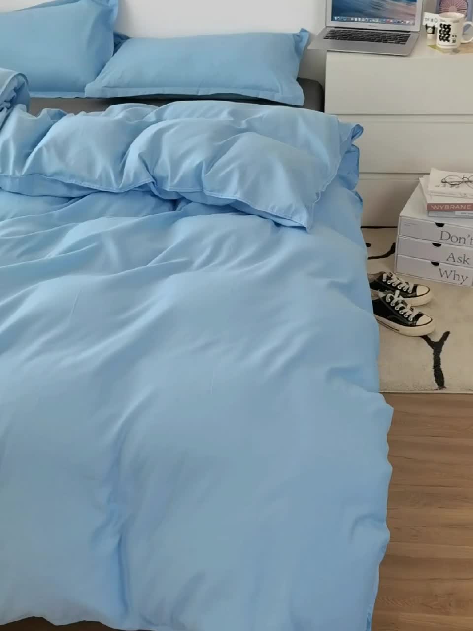 91家纺网 家纺一手货源 找家纺 贝拉梦家纺 2021新款云朵棉亲肤纯色+双拼四件套 天蓝灰