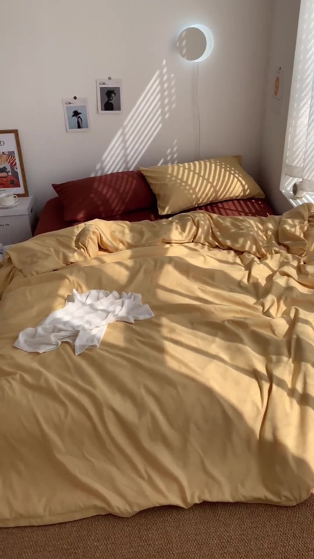 91家纺网 家纺一手货源 找家纺 曼谷新款ins美棉磨毛纯色混搭拼色四件套 布丁焦糖