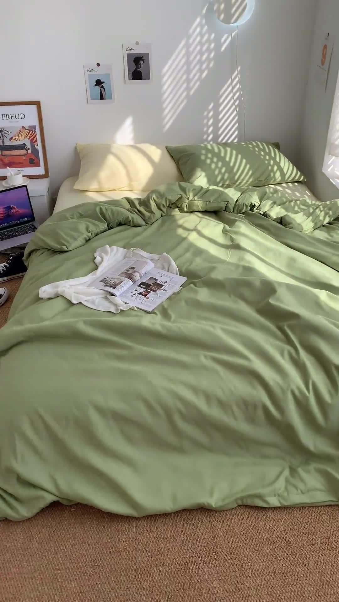 91家纺网 家纺一手货源 找家纺 曼谷新款ins美棉磨毛纯色混搭拼色四件套 豆绿芝士