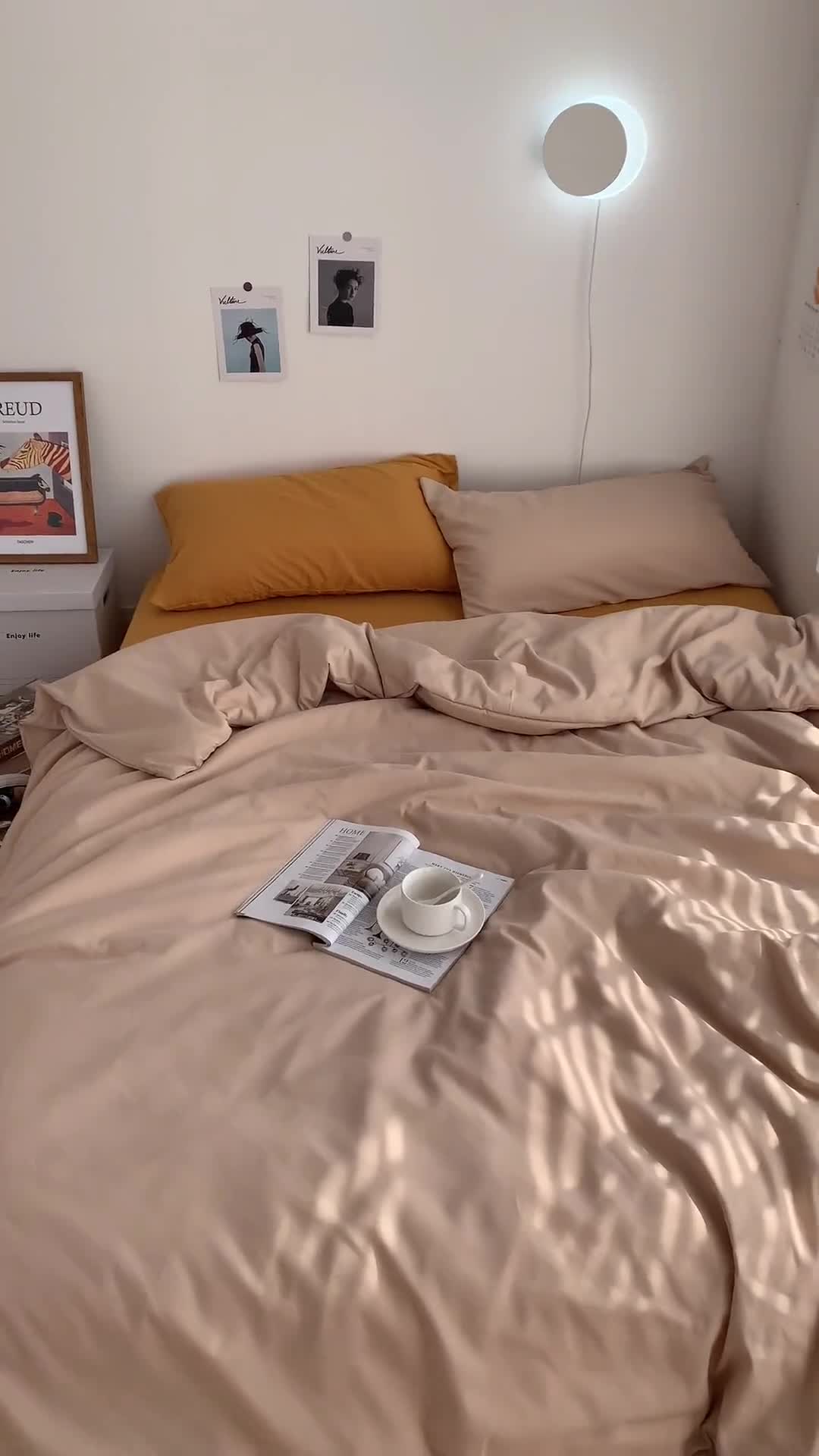 91家纺网 家纺一手货源 找家纺 曼谷新款ins美棉磨毛纯色混搭拼色四件套 奶茶杏黄