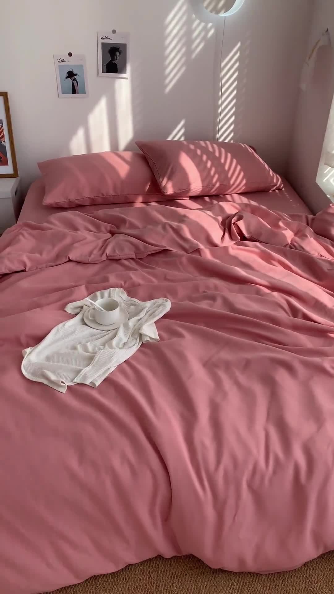 91家纺网 家纺一手货源 找家纺 曼谷新款ins美棉磨毛纯色混搭拼色四件套 桃桃奶昔