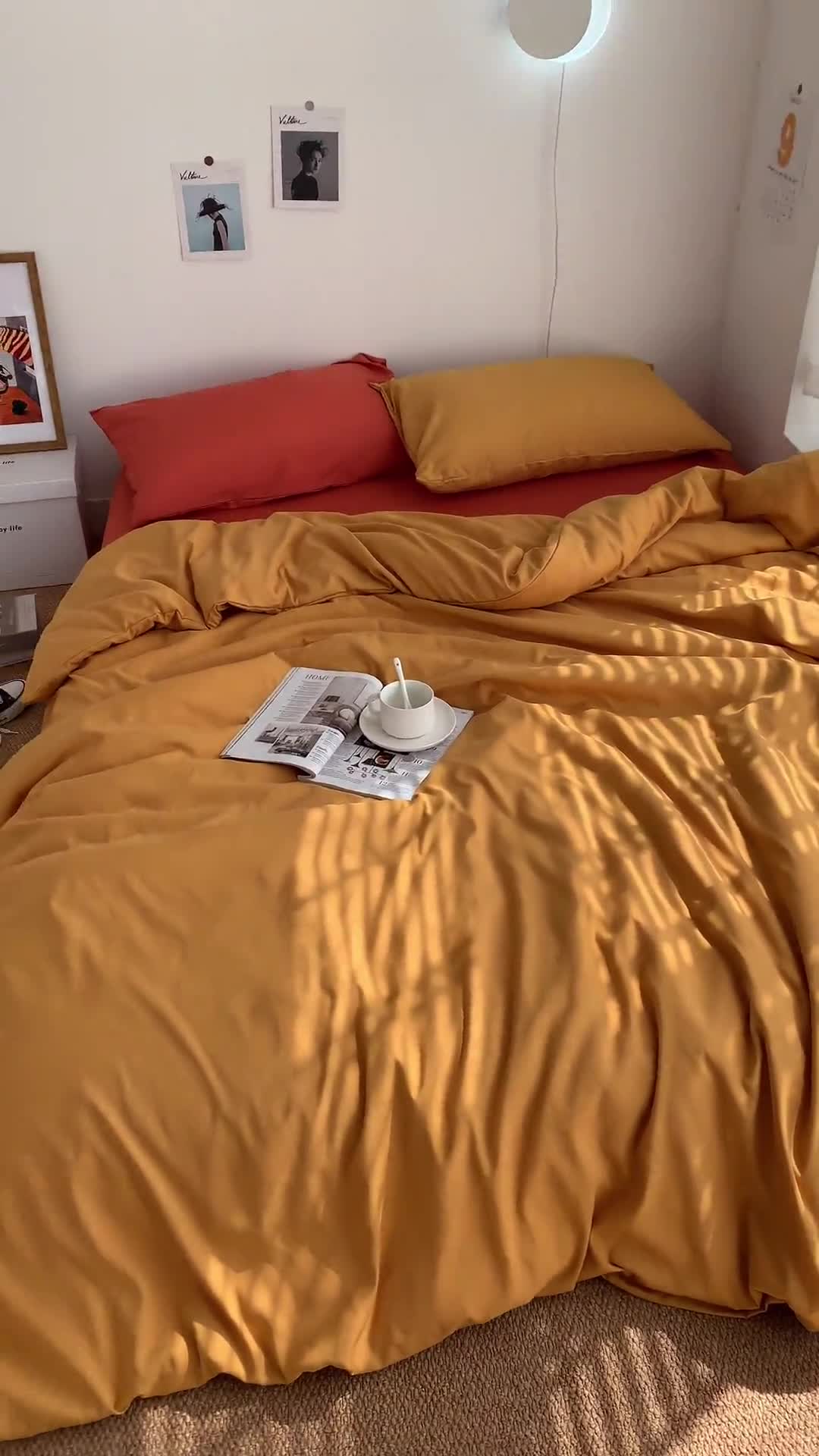 91家纺网 家纺一手货源 找家纺 曼谷新款ins美棉磨毛纯色混搭拼色四件套 杏黄甜橙