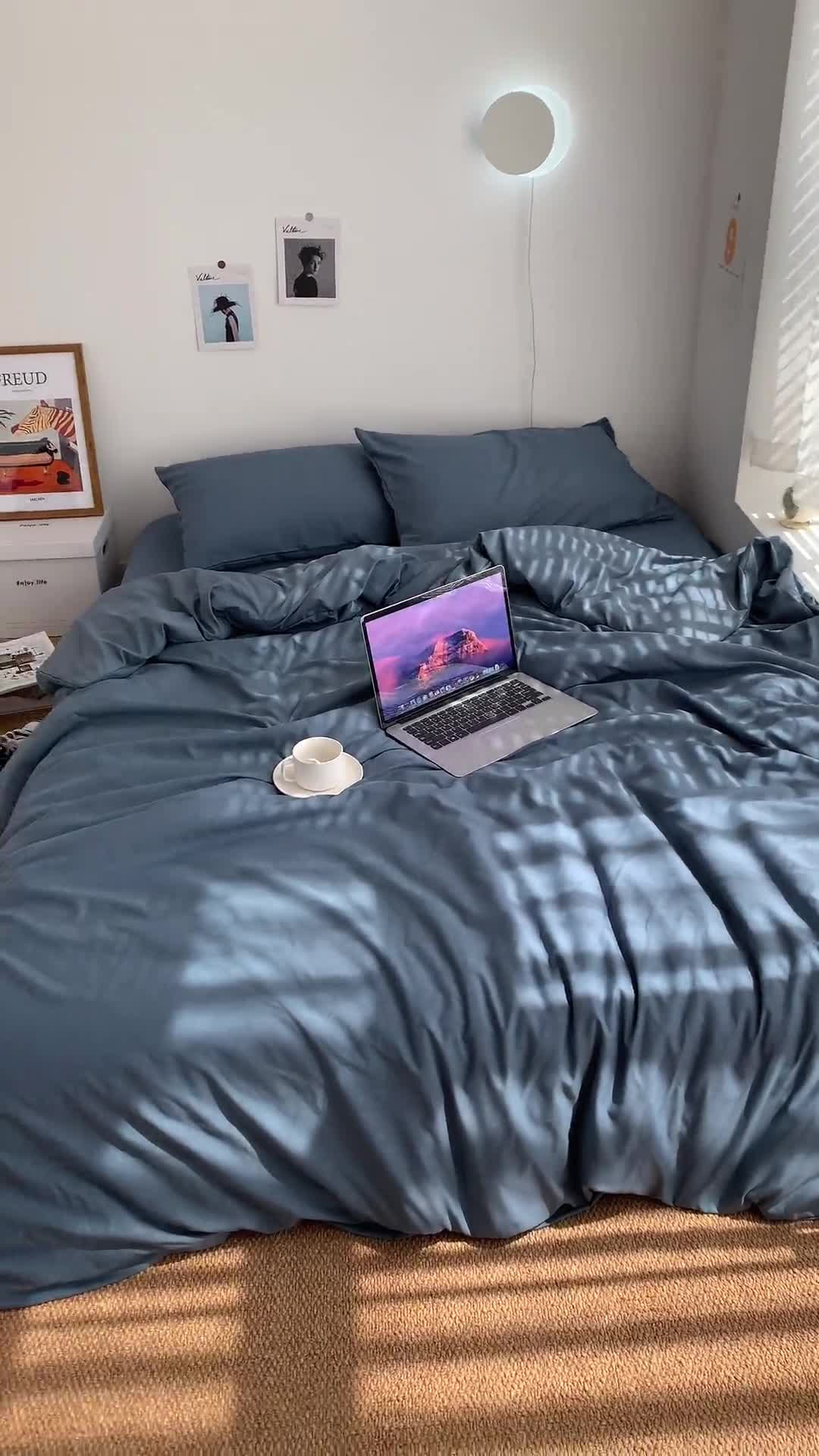 91家纺网 家纺一手货源 找家纺 曼谷新款ins美棉磨毛纯色混搭拼色四件套 浅石蓝