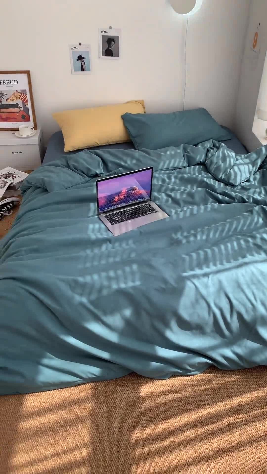 91家纺网 家纺一手货源 找家纺 曼谷新款ins美棉磨毛纯色混搭拼色四件套 月影兰浅石蓝+布丁