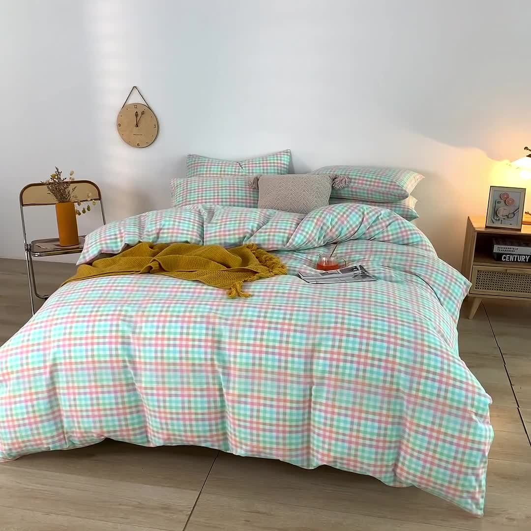 91家纺网 家纺一手货源 找家纺 柠萌家居 2025新款全棉色织水洗棉床品单被套 冰激凌格