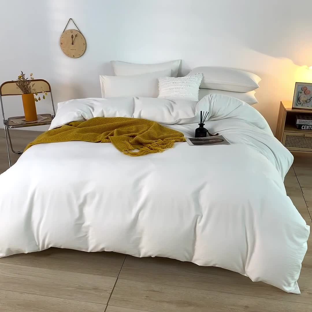 91家纺网 家纺一手货源 找家纺 柠萌家居 2025新款全棉色织水洗棉床品单被套 纯白