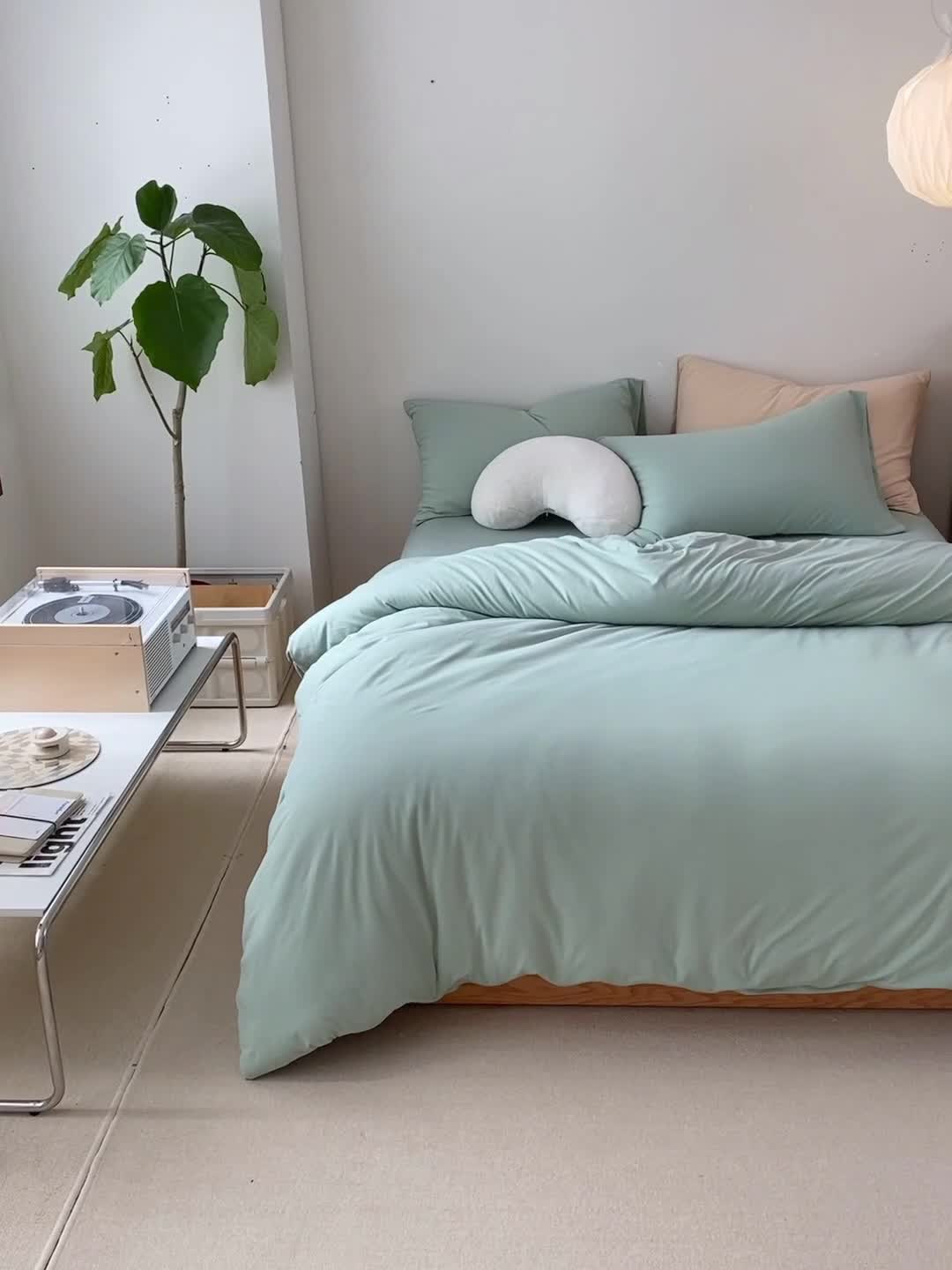 91家纺网 家纺一手货源 找家纺 华超针织 2021新款全棉天竺棉纯色双拼四件套 豆绿