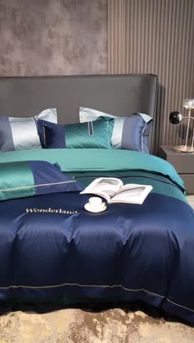 91家纺网 家纺一手货源 找家纺 涞澳家纺 2021新款100支全棉长绒棉工艺款四件套-安迪 蓝绿