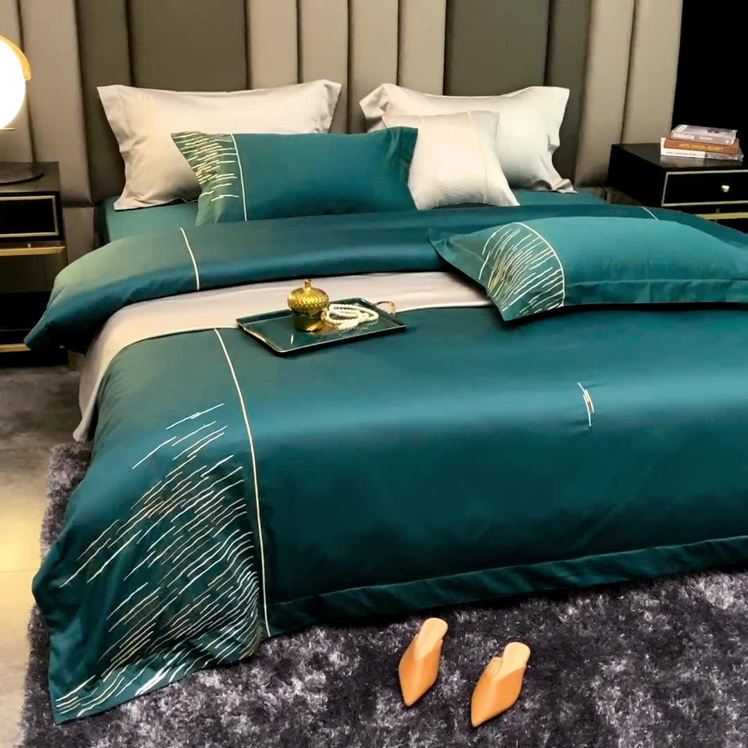 91家纺网 家纺一手货源 找家纺 涞澳家纺2021新款100支全棉长绒棉工艺款四件套-时光深绿