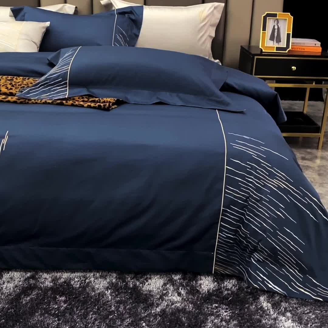 91家纺网 家纺一手货源 找家纺 涞澳家纺2021新款100支全棉长绒棉工艺款四件套-时光深蓝