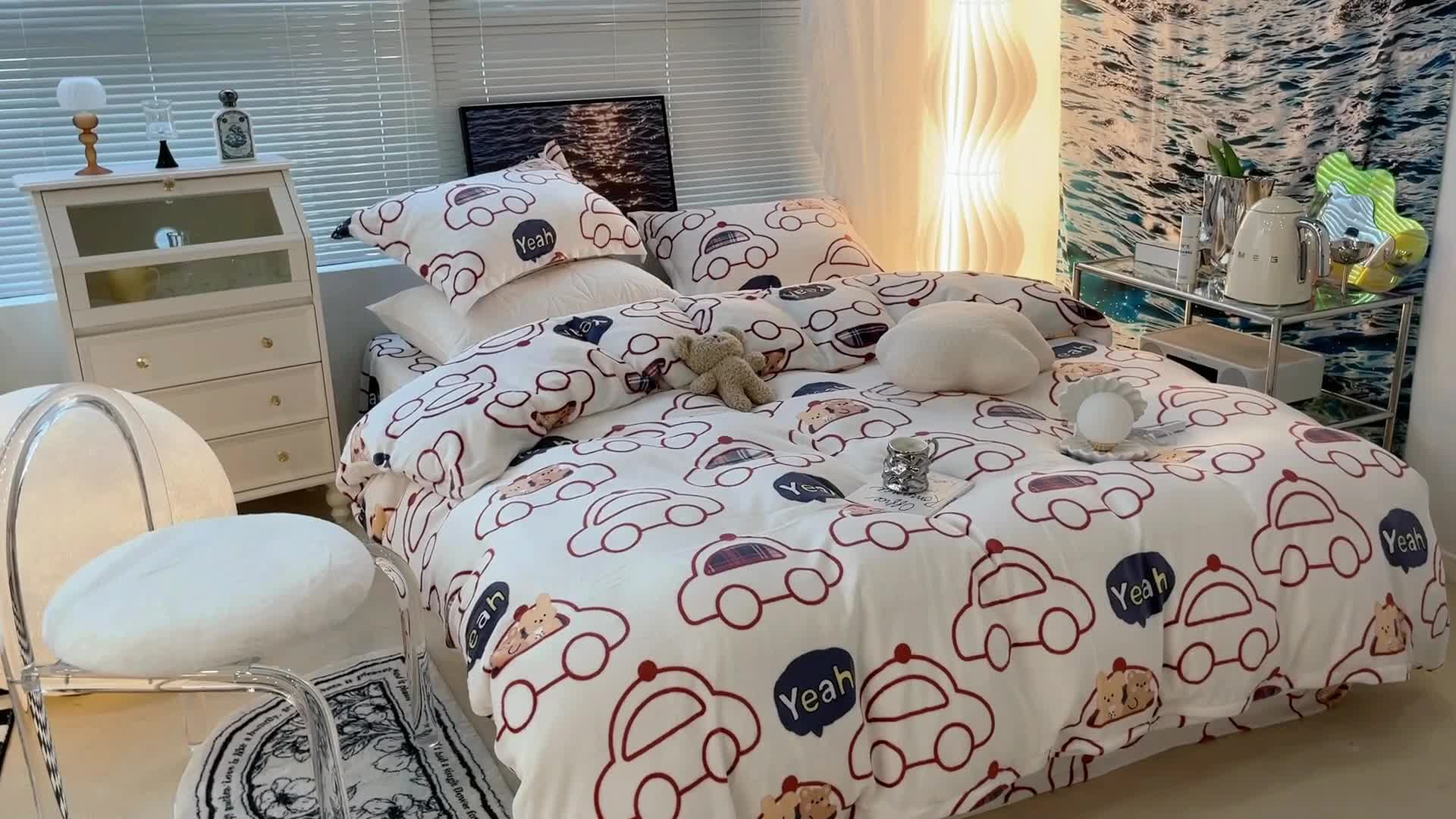 91家纺网 家纺一手货源 找家纺 昔可家纺 2021新款牛奶绒四件套-一批 小熊汽车