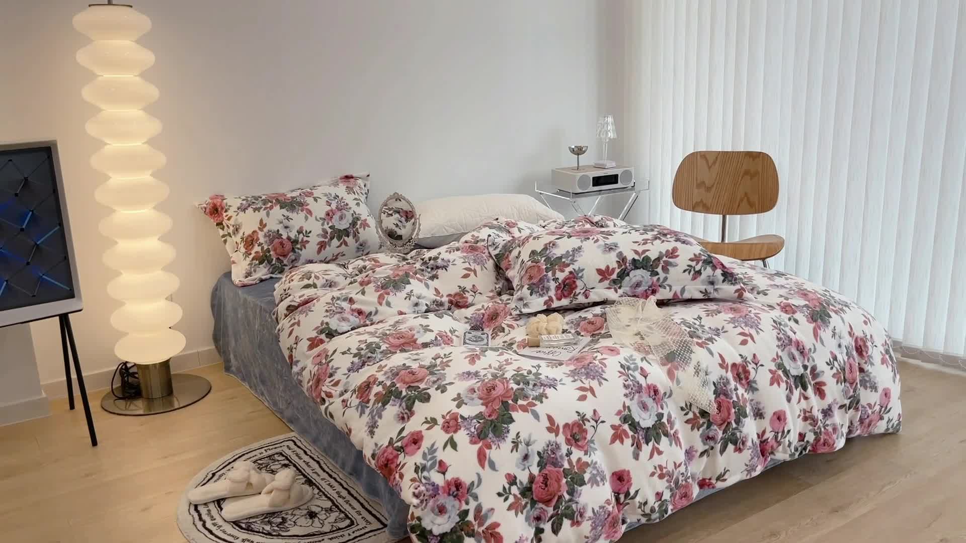 91家纺网 家纺一手货源 找家纺 昔可家纺 2021新款牛奶绒四件套-二批 复古玫瑰花