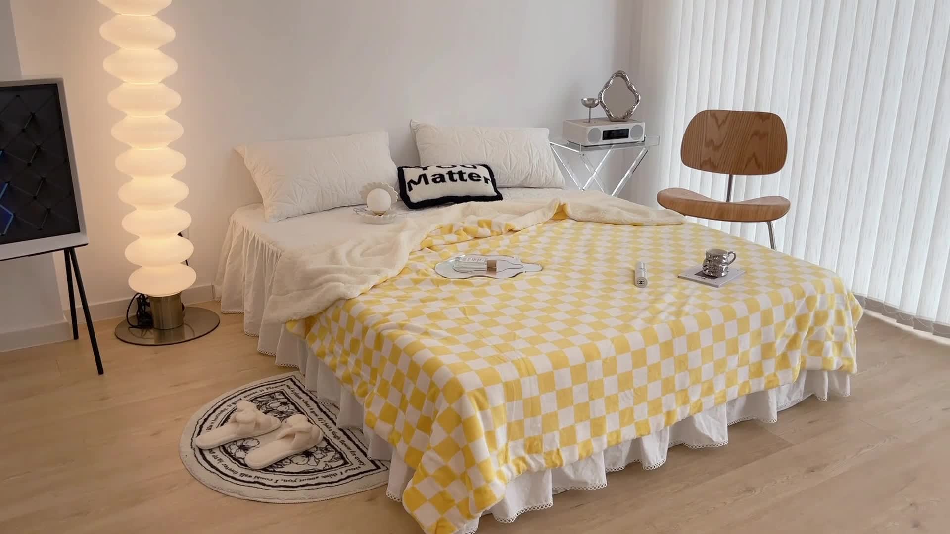 91家纺网 家纺一手货源 找家纺 昔可家纺 2021新款牛奶羊羔绒印花毯 棋盘格-黄