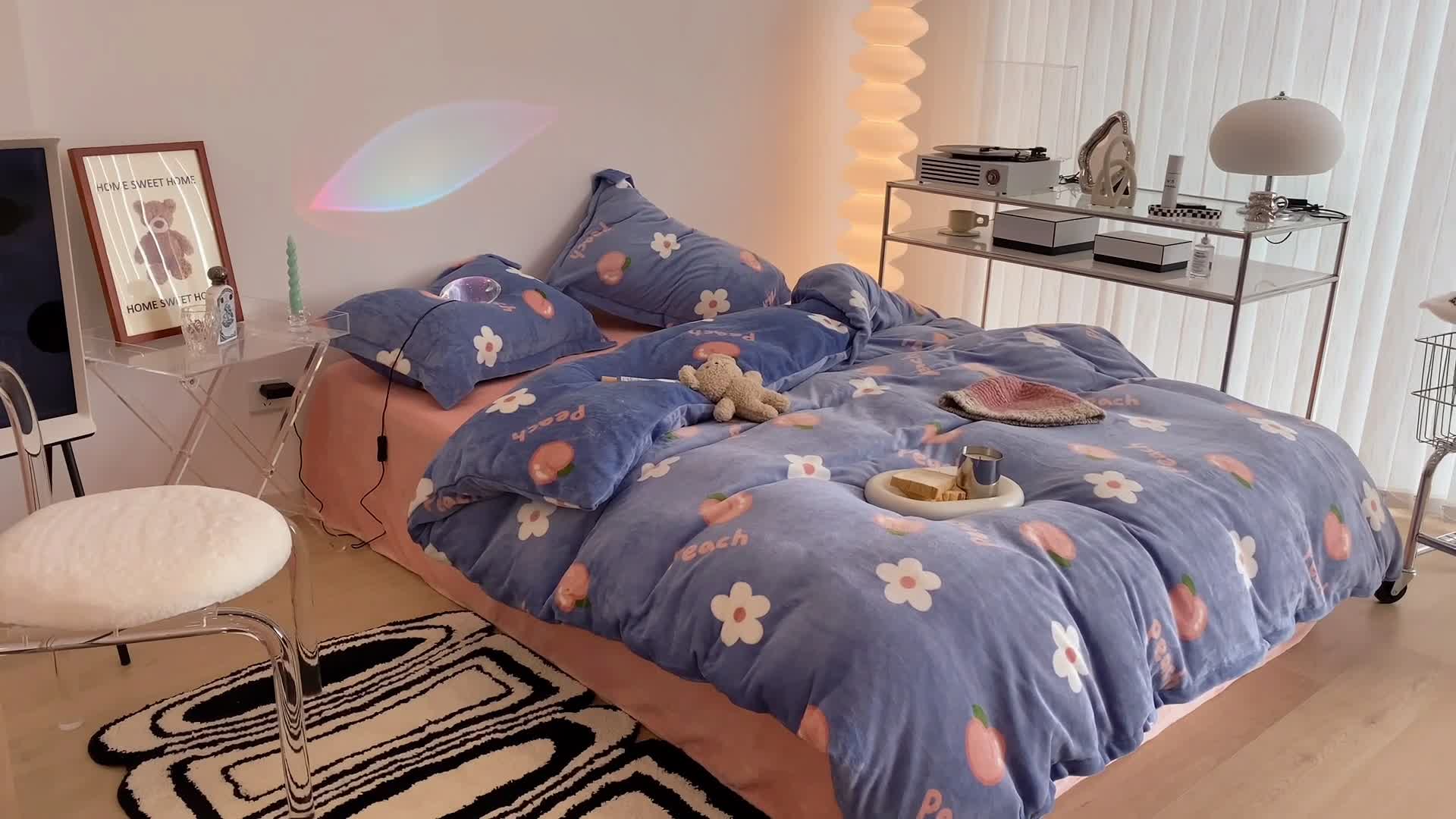 91家纺网 家纺一手货源 找家纺 昔可家纺 2021新款牛奶绒四件套-三批 花朵蜜桃新