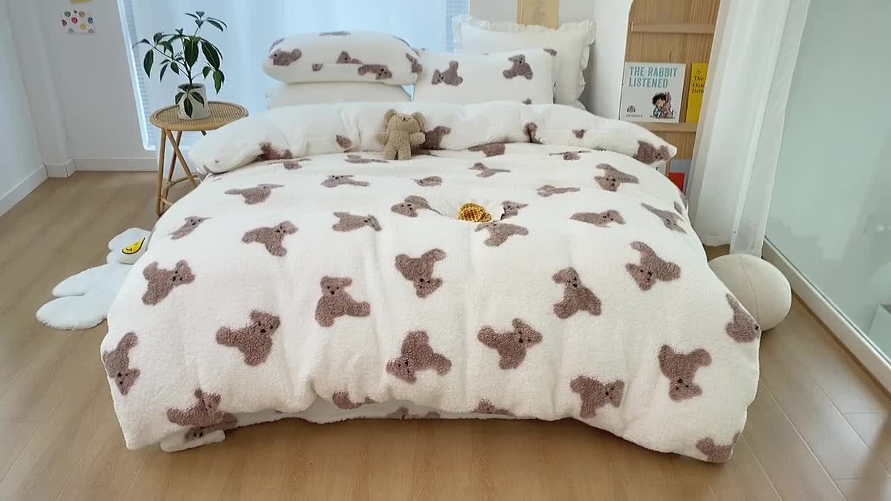 91家纺网 家纺一手货源 找家纺 昔可 2021新款泰迪羊羔绒四件套 韩国小熊