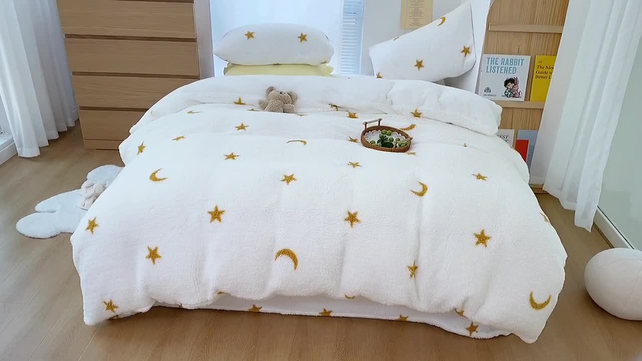 91家纺网 家纺一手货源 找家纺 昔可 2021新款泰迪羊羔绒四件套 金色星星月亮