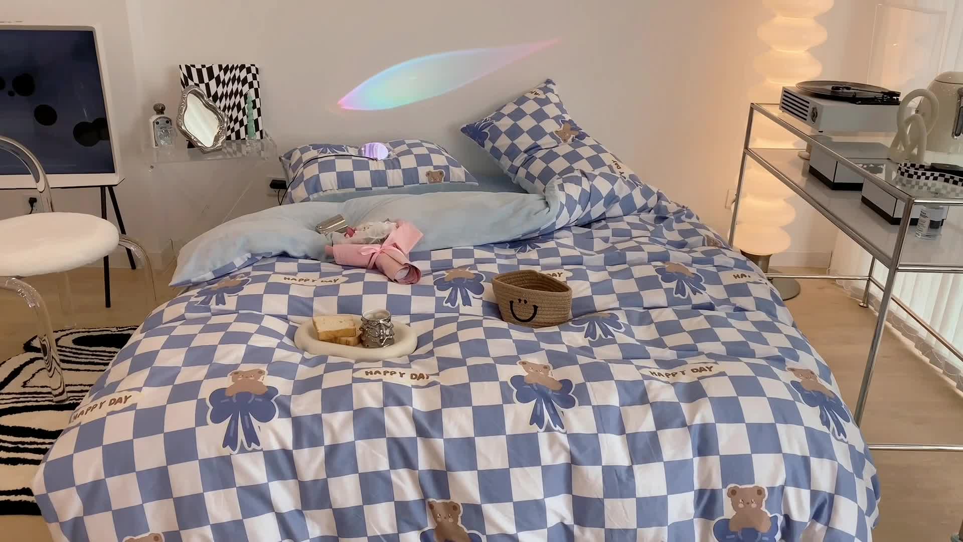 91家纺网 家纺一手货源 找家纺 昔可家纺 2021新款棉加牛奶绒四件套 棋盘小熊