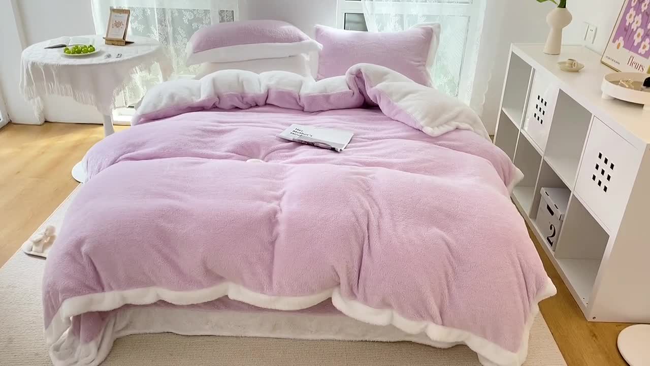 91家纺网 家纺一手货源 找家纺 昔可家纺 2021新款泰迪绒马卡龙色四件套丁香紫