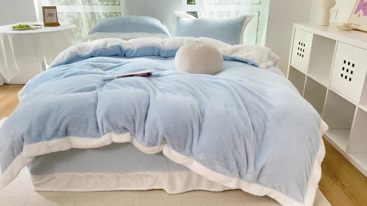 91家纺网 家纺一手货源 找家纺 昔可家纺 2021新款泰迪绒马卡龙色四件套海盐蓝