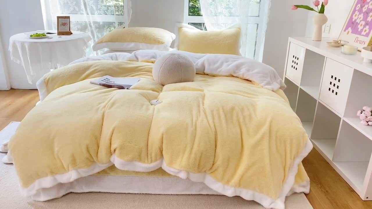 91家纺网 家纺一手货源 找家纺 昔可家纺 2021新款泰迪绒马卡龙色四件套奶酪黄