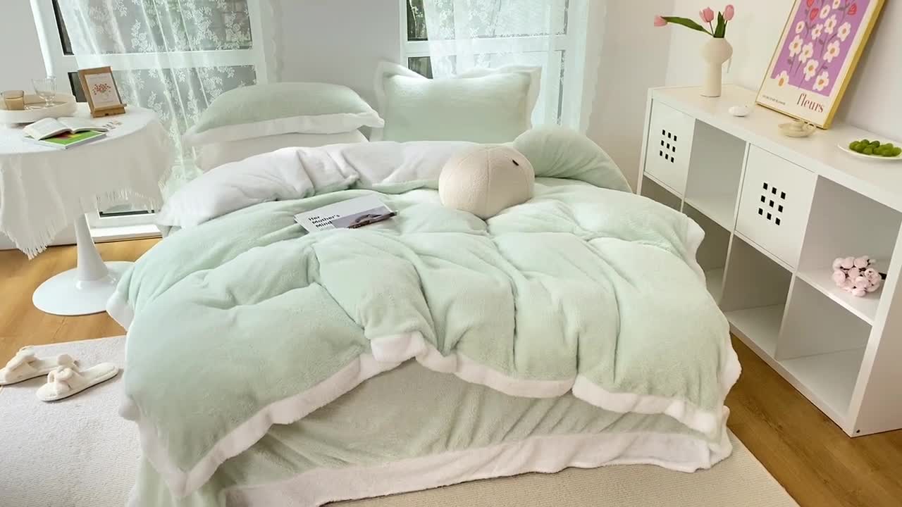 91家纺网 家纺一手货源 找家纺 昔可家纺 2021新款泰迪绒马卡龙色四件套牛油果绿