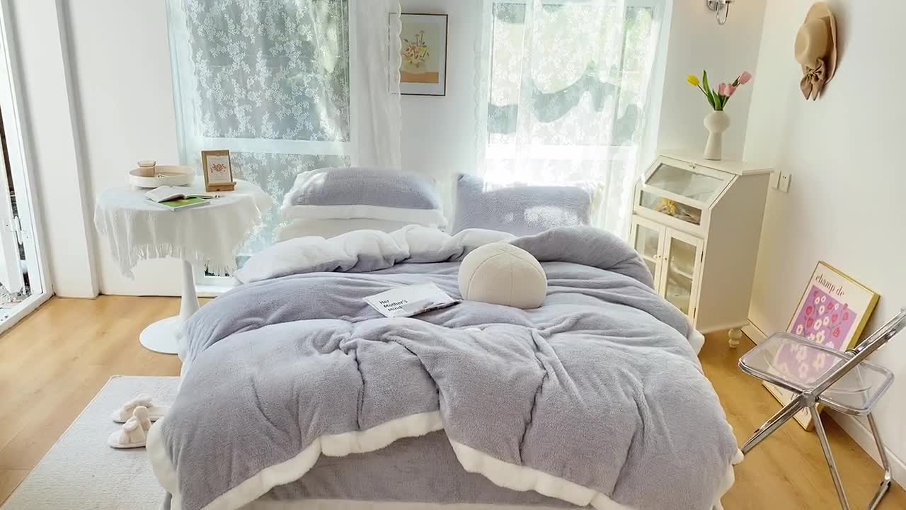 91家纺网 家纺一手货源 找家纺 昔可家纺 2021新款泰迪绒马卡龙色四件套气质灰