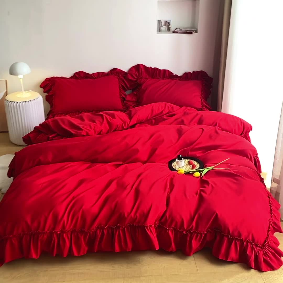 91家纺网 家纺一手货源 找家纺 乐卧 2026新款纯色荷叶边水洗磨毛四件套 爱相随-中国红