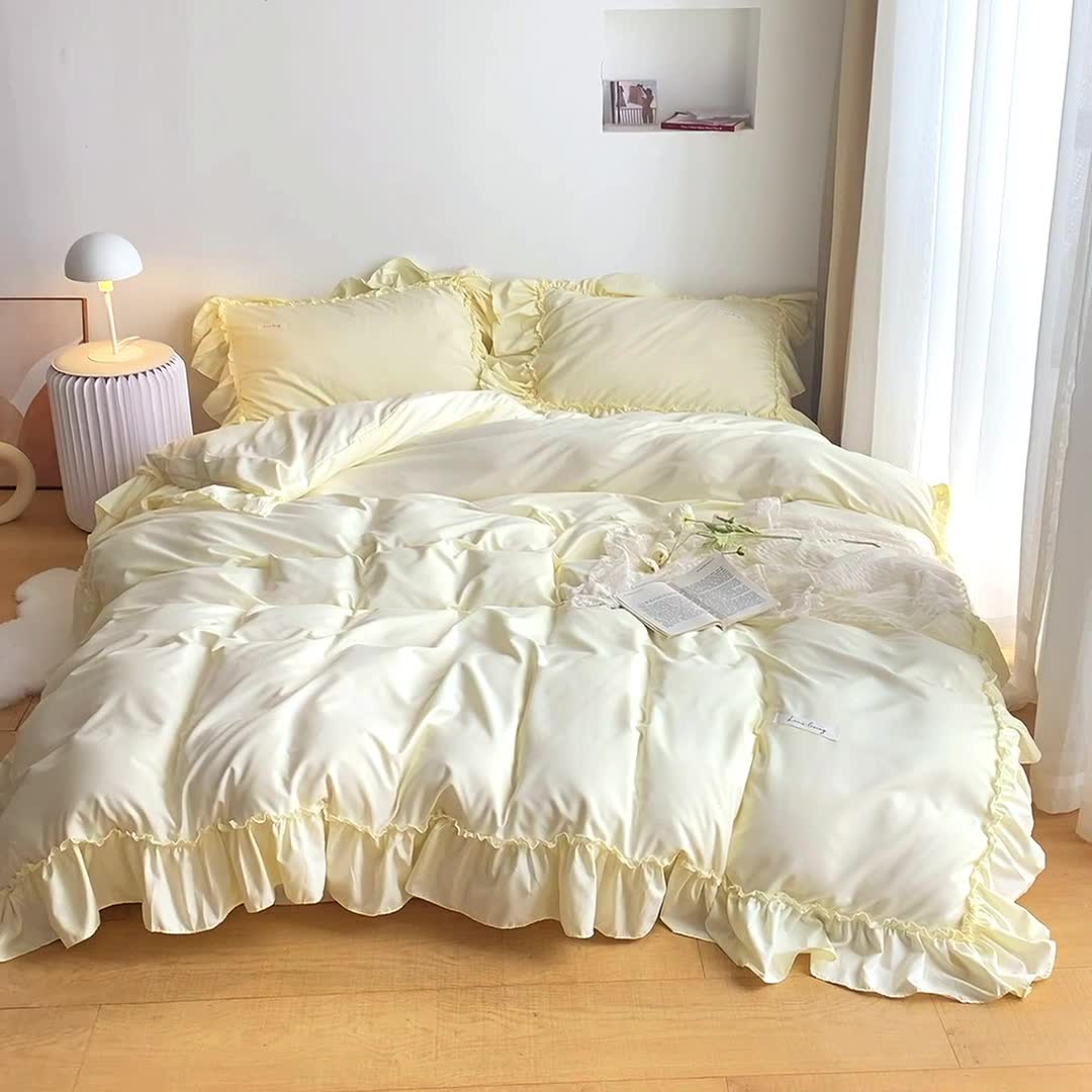 91家纺网 家纺一手货源 找家纺 乐卧 2026新款纯色荷叶边水洗磨毛四件套 爱相随-米黄色