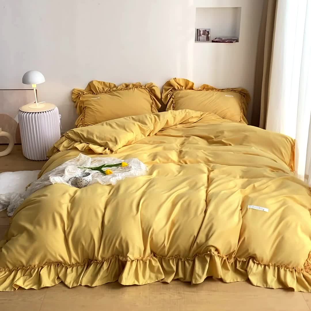 91家纺网 家纺一手货源 找家纺 乐卧 2026新款纯色荷叶边水洗磨毛四件套 爱相随-柠檬黄