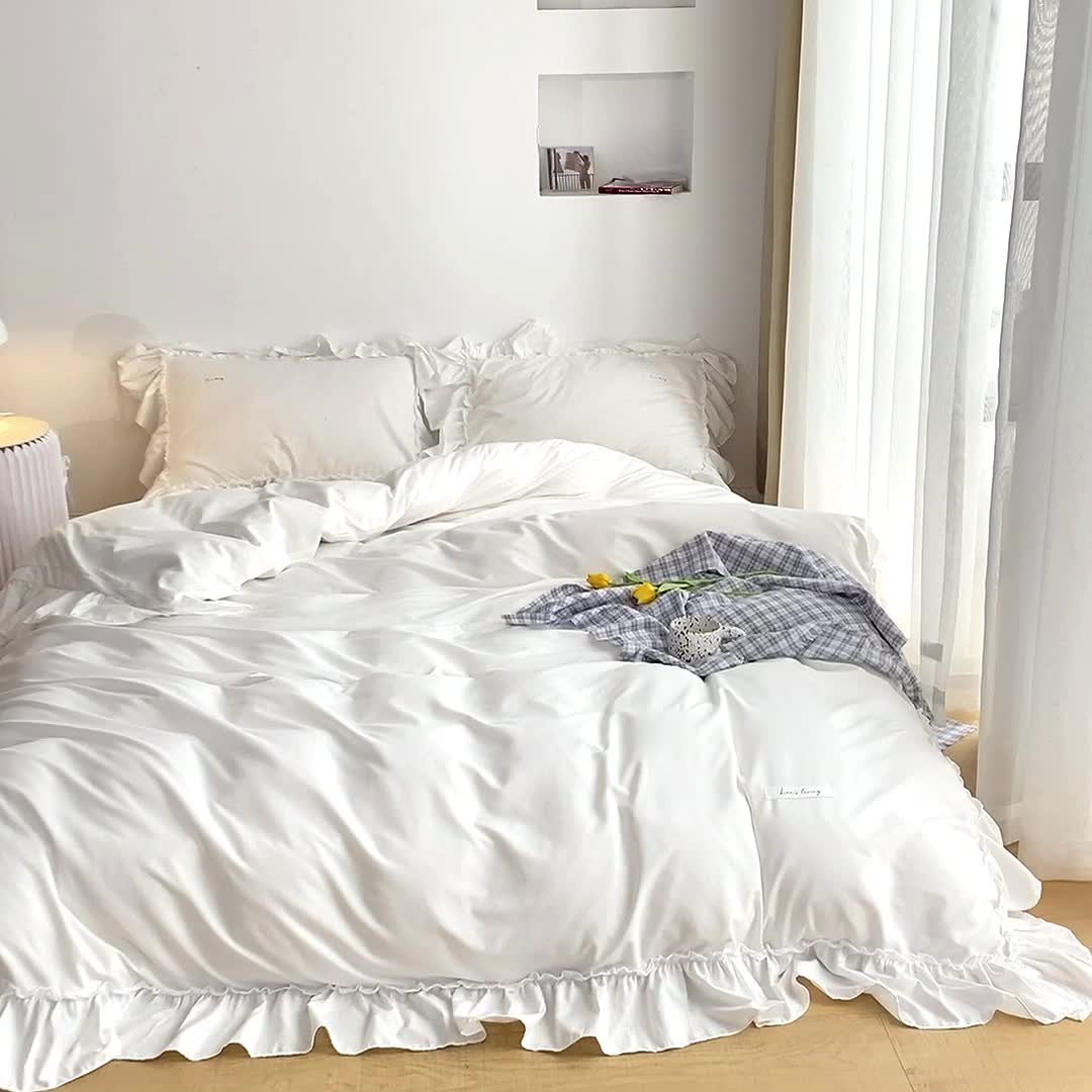 91家纺网 家纺一手货源 找家纺 乐卧 2026新款纯色荷叶边水洗磨毛四件套 爱相随-纯净白