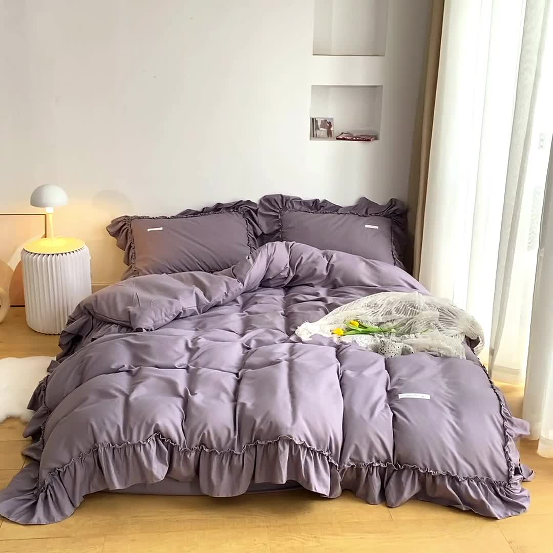 91家纺网 家纺一手货源 找家纺 乐卧 2026新款纯色荷叶边水洗磨毛四件套 爱相随-灰紫色