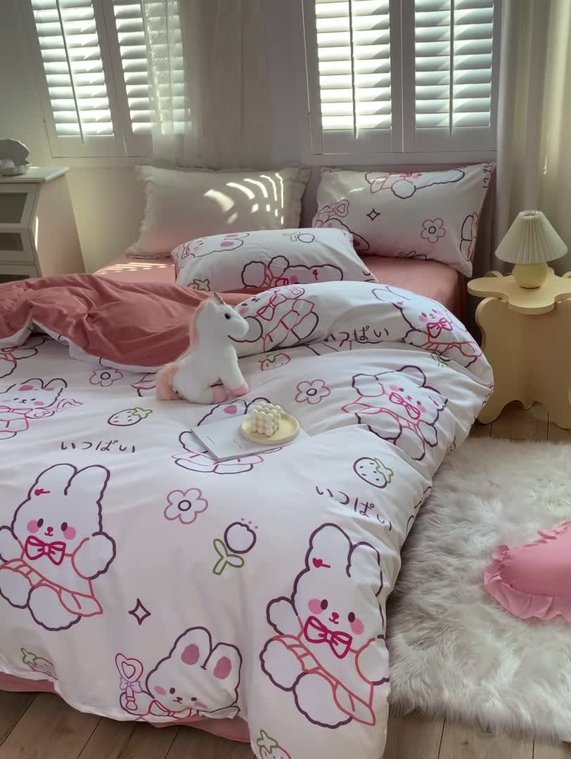 91家纺网 家纺一手货源 找家纺 怡家居 2021新款AB版棉加绒四件套卡通系列 粉粉兔