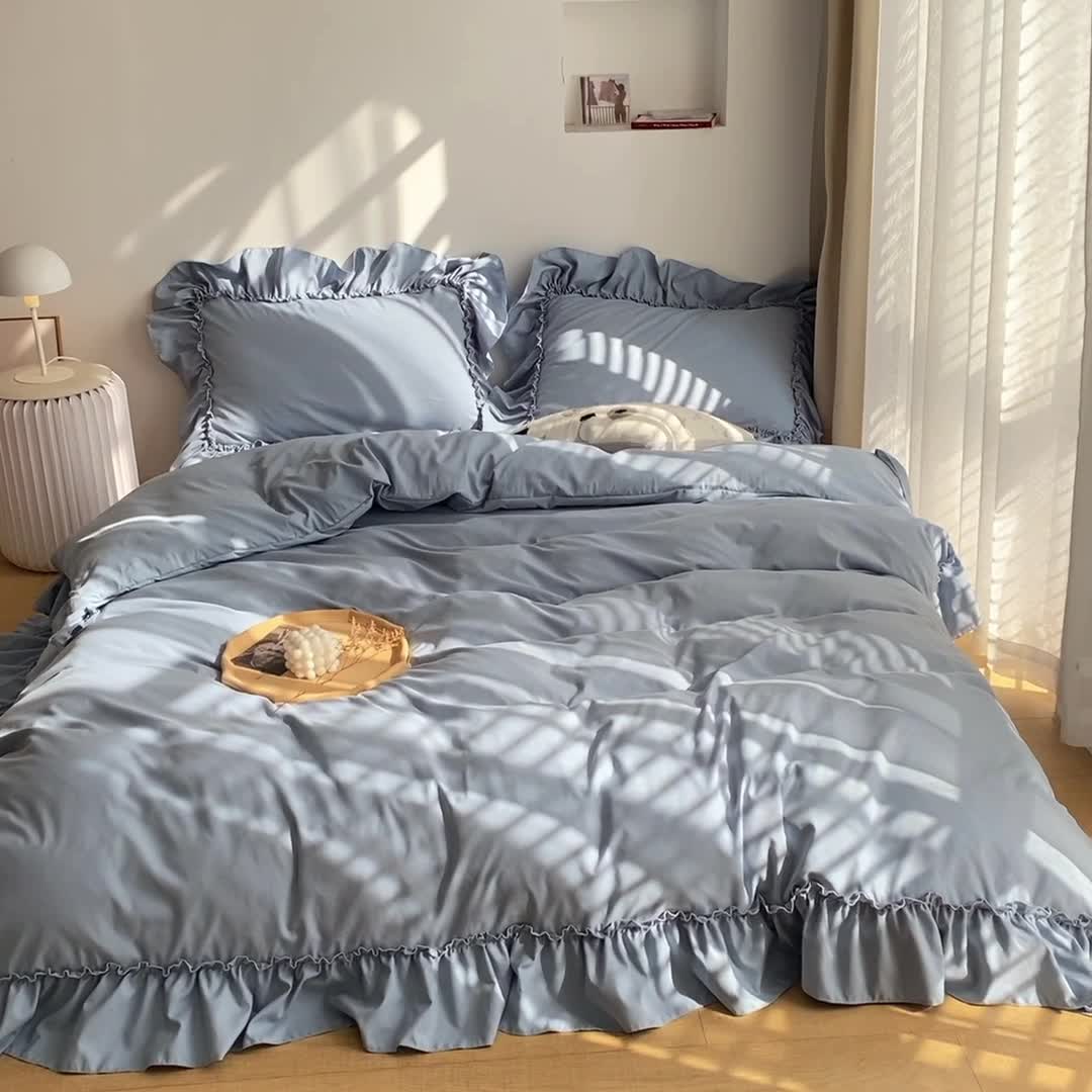 91家纺网 家纺一手货源 找家纺 乐卧 2026新款纯色荷叶边水洗磨毛四件套 爱相随-蓝色