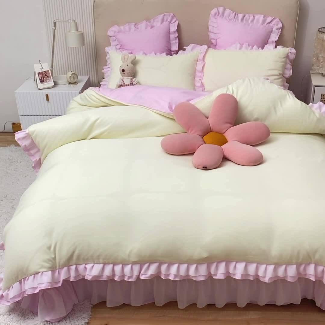 91家纺网 家纺一手货源 找家纺 欧冠 2022新款公主风爱恋系列四件套 爱恋-粉白