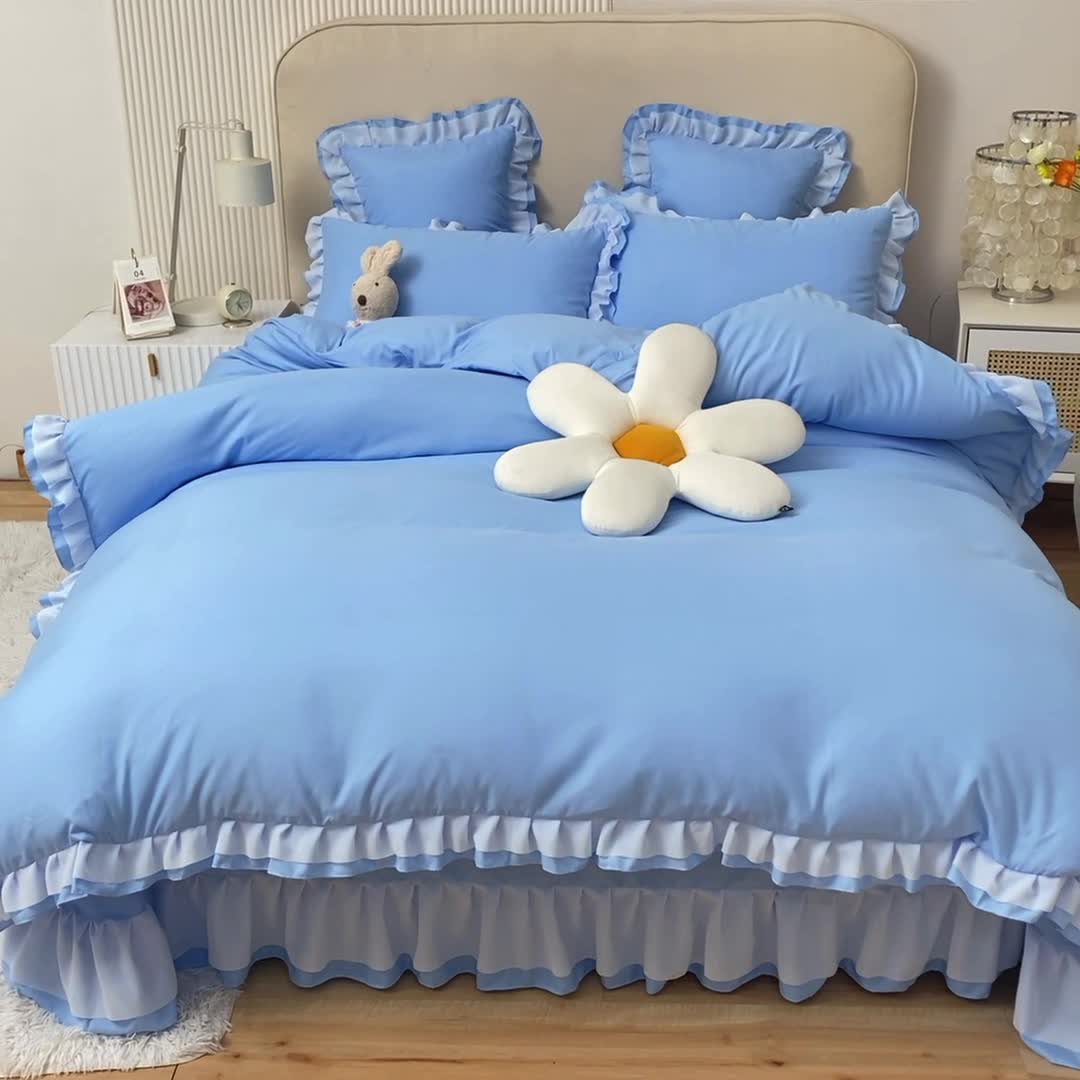 91家纺网 家纺一手货源 找家纺 欧冠 2022新款公主风爱恋系列四件套 爱恋-天空蓝