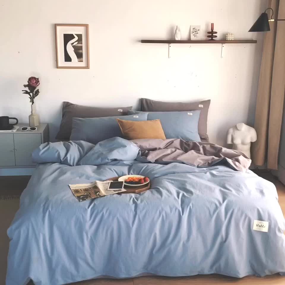 91家纺网 家纺一手货源 找家纺 蓝巢 2021新款全棉色织水洗棉四件套 浅蓝灰