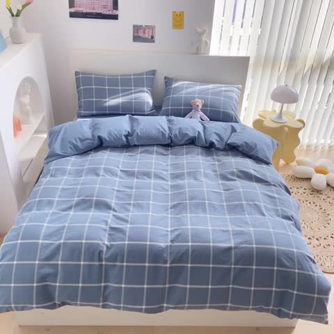91家纺网 家纺一手货源 找家纺 蓝巢 2021新款全棉色织水洗棉单被套 蓝灰大格