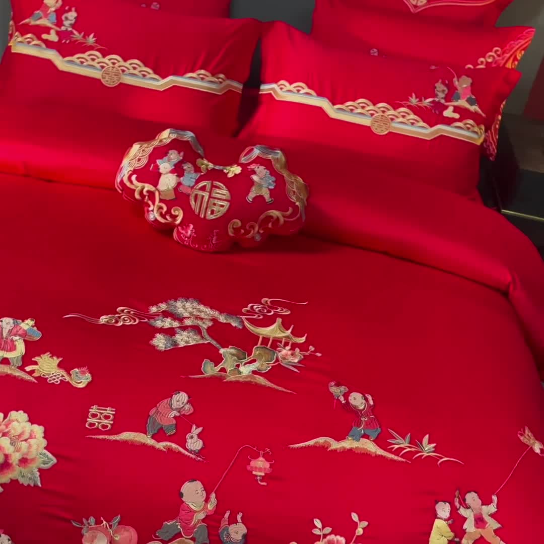 91家纺网 家纺一手货源 找家纺 红番天 热卖款全棉婚庆刺绣四件套 百子千禧