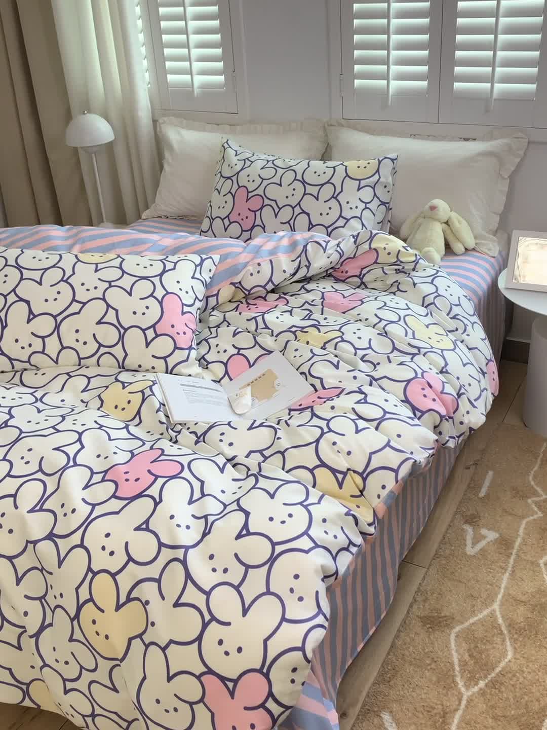 91家纺网 家纺一手货源 找家纺 怡家居 2022新款全棉田园四件套 七彩兔