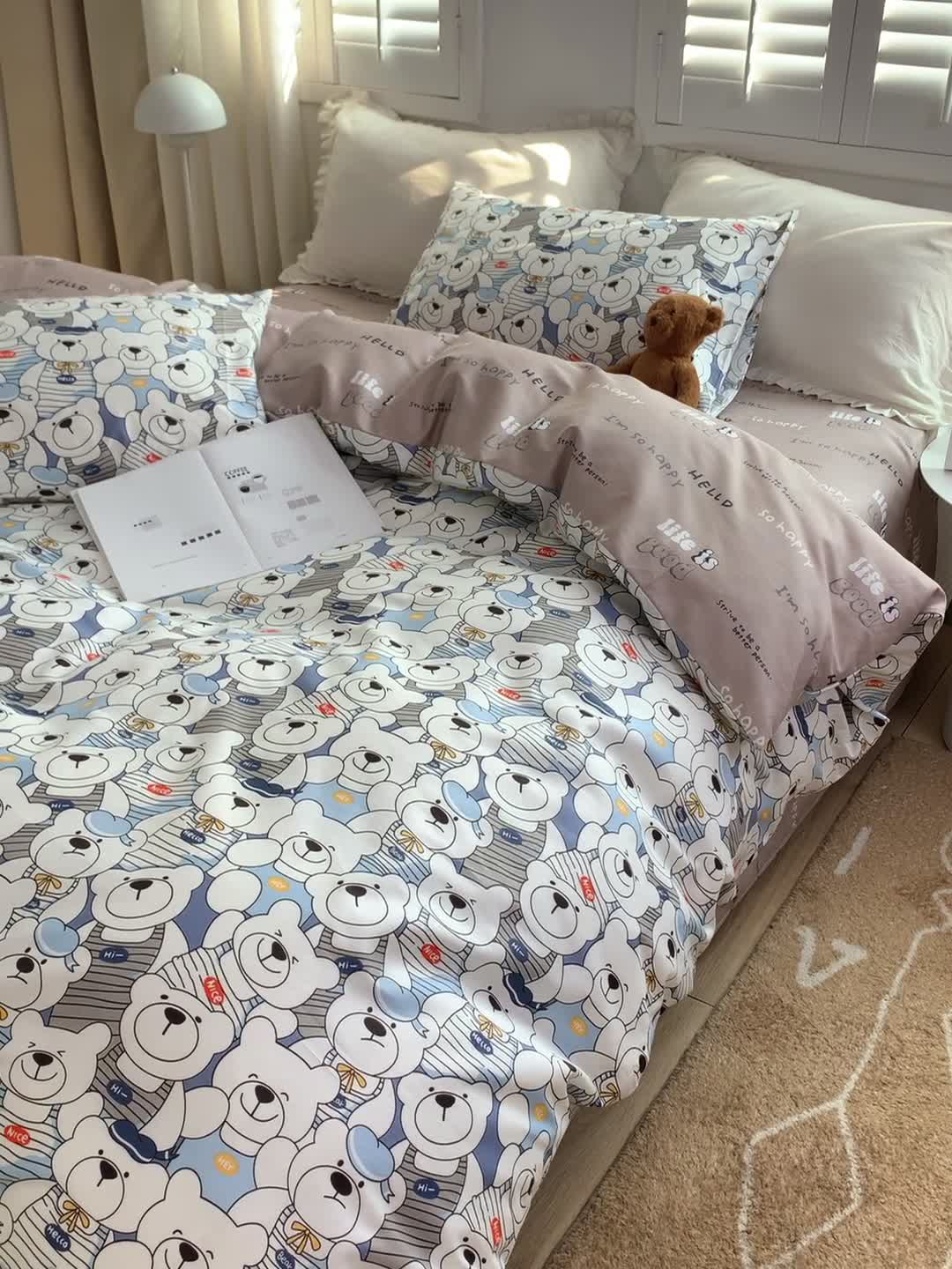 91家纺网 家纺一手货源 找家纺 怡家居 2022新款全棉田园四件套 呆萌熊