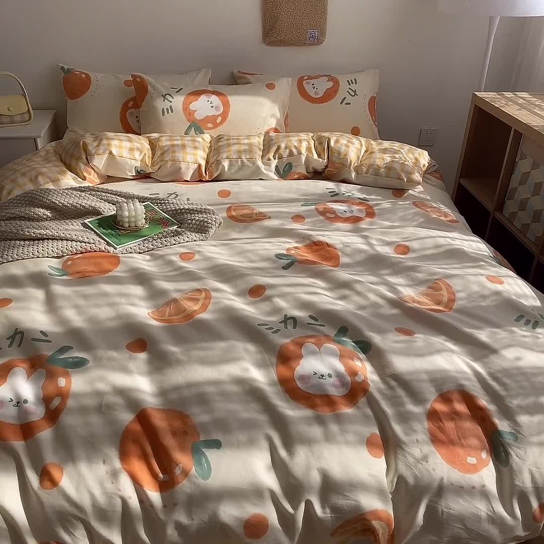 91家纺网 家纺一手货源 找家纺 简宜家居 2022新款全棉卡通印花小清新四件套-卡通系列 橘子兔